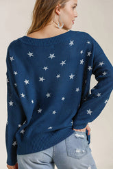 Umgee Full Size Star V-Neck Long Sleeve Sweater Plus Size OutfitFlow